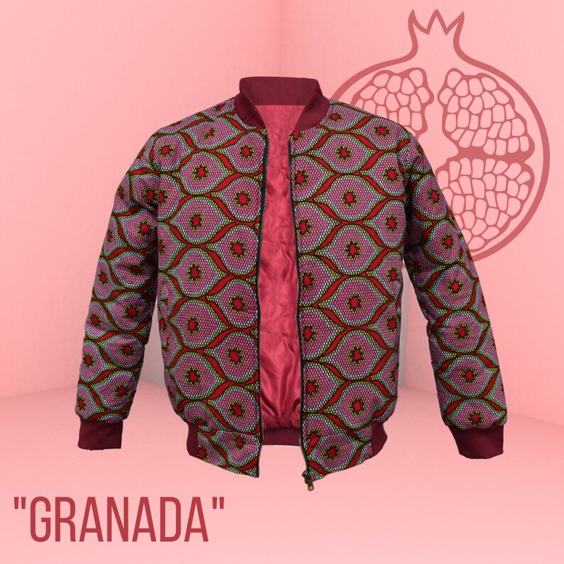 May include: A reversible bomber jacket with a vibrant pattern of red, pink, and yellow geometric shapes. The jacket has a burgundy collar, cuffs, and lining. The word "GRANADA" is displayed at the bottom of the image.
