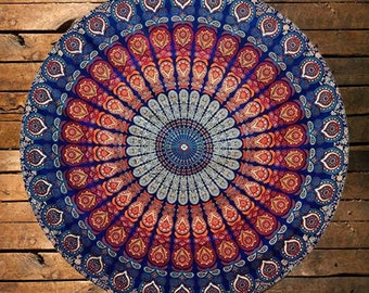 Round Cotton Table Cover Table Cloths Round Table Wears Multi Colour Pecock Feather/Wings Table Cover Yoga Mat Round Tapestry Size 48 Inches