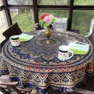 Round Cotton Table Cover Table Cloths Round Table Wears Blue Gold Ombre Table Cover Yoga Sheet Round Tapestry Size 48 Inches