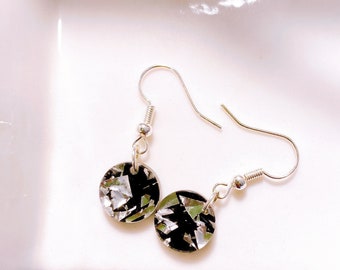 Hanging earrings made of black synthetic resin - transparent silver leaf flakes filigree work/ earrings made of resin/gift