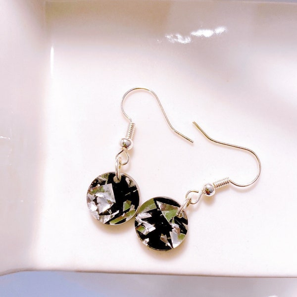 Hanging earrings made of black synthetic resin - transparent silver leaf flakes filigree work/ earrings made of resin/gift