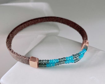 Filigree leather bracelet with light blue, anthracite Miyuki beads / DQ leather bracelet / bracelet/ leather/ gift