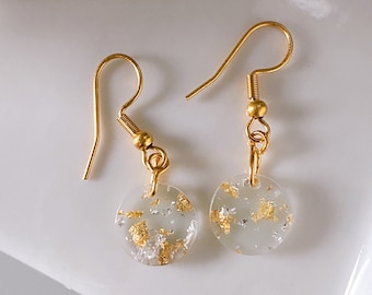 Hanging earrings made of transparent synthetic resin with filigree silver leaf and gold leaf flakes/ earrings made of resin/ gift