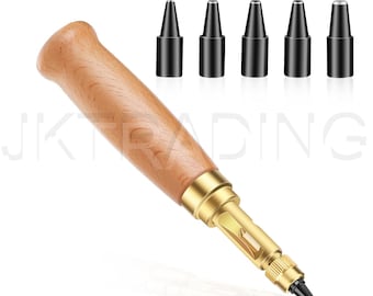May include: A leather craft tool with a wooden handle and a gold metal punch. The tool comes with five different sized punches, all black.