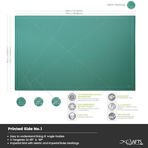 May include: Green self-healing cutting mat with a grid pattern and ruler markings. The mat is 34.43 inches by 34.25 inches and has a printed side with angle guides. It is hot and cold resistant, non-glare, eco-friendly, and non-toxic.