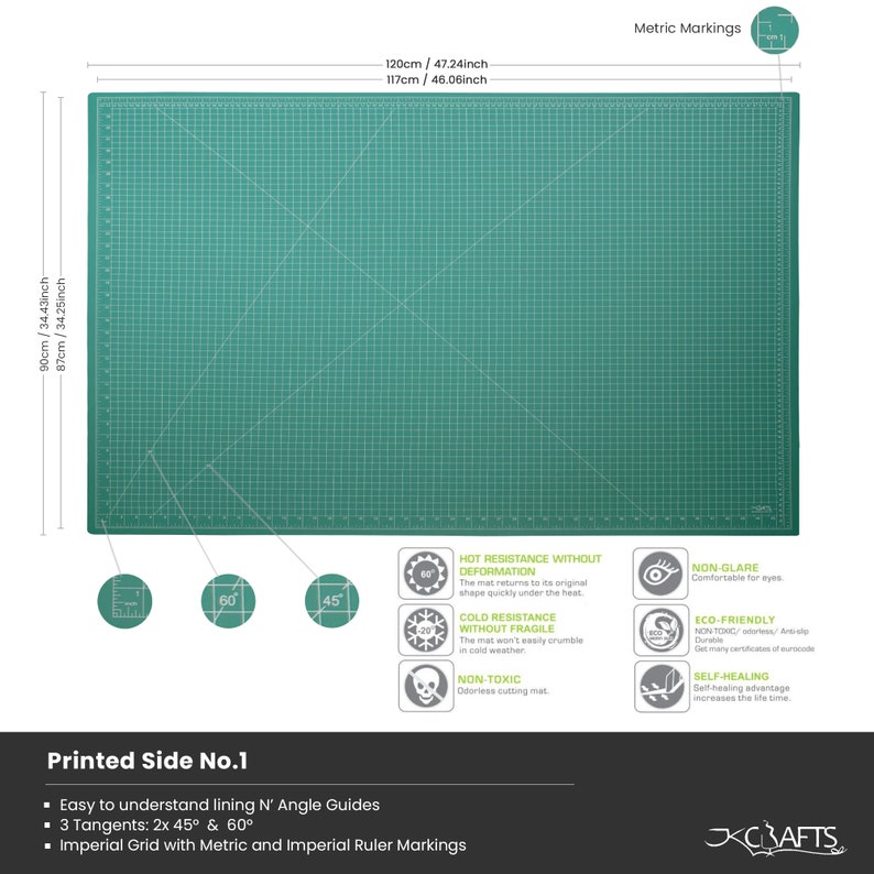 May include: Green self-healing cutting mat with a grid pattern and ruler markings. The mat is 34.43 inches by 34.25 inches and has a printed side with angle guides. It is hot and cold resistant, non-glare, eco-friendly, and non-toxic.