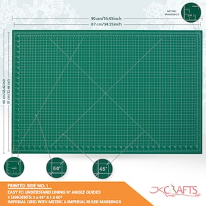 May include: Green self-healing cutting mat with a grid pattern and angle guides. The mat measures 35.43 inches by 34.25 inches. It has both metric and imperial markings. Printed side no. 1.