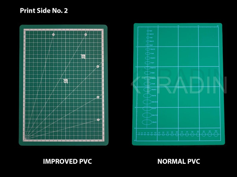 May include: Two green cutting mats, one labeled "IMPROVED PVC" and the other labeled "NORMAL PVC". The improved mat has a grid pattern and diagonal lines, while the normal mat has a grid pattern and a row of circles along the bottom.