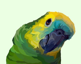 カスタムデジタルカラーブロック鳥の肖像画、パーソナライズされたペットの絵、印刷可能なギフトアート、ミニマルデザイン、写真からの委託 - 胸から上