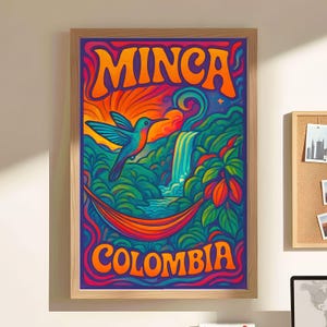 Póster de viaje a Minca - Arte mural psicodélico de los años 70 - Impresión retro de Colombia