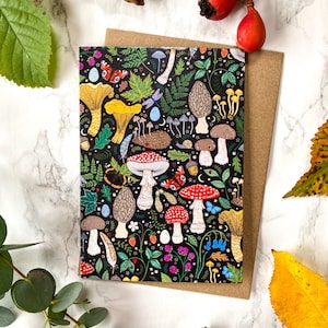 Mystical Forest Greetings Card. Magical hand drawn Fungi pattern. A6 size with recycled Kraft envelope.