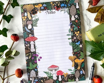 Mystical Forest Notepad. Illustrated with pretty mushrooms and flowers in Cambridgeshire. A5 size.