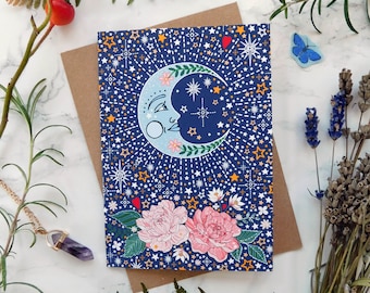 The Flower Moon card. A6 design with kraft envelope. Designed and handmade in Cambridgeshire.