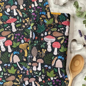 Mystical Forest Tea Towel with pretty Fungi and Flowers. Organic Cotton. Designed in Cambridgeshire. Sold separately.