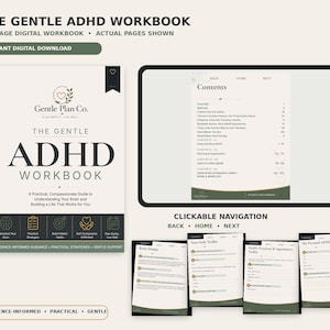 Puede incluir: El Gentle ADHD Workbook es una guía digital de 245 páginas que presenta una portada con el logotipo de Gentle Plan Co., una página de contenido con navegación clicable y cuatro páginas internas tituladas Brain Dumps, Your Daily Toolkit, Health y Personal ADHD Plan.
