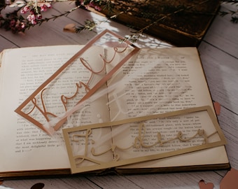 Personalized clear laminate bookmark with gold, rose gold or vellum border