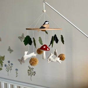 Red mushroom Bunny mobile nursery Bird nursery decor Mushroom mobile Woodland mobile Amanita Nursery baby mobile Rabbit Felt hanging mobile