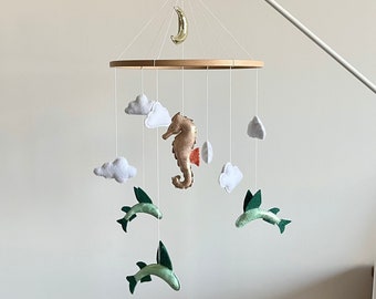 Baby mobile with seahorse and flying fish for ocean themed baby nursery Sea Mobile Baby mobile Felt mobile Ocean Nursery mobile Sea nursery