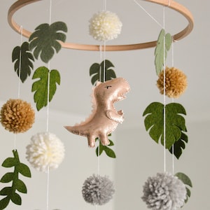 Dinosaur nursery mobile Girls Baby shower gift Felt mobile Tropical nursery Monstera Pom poms Fluffy Leaves Forest Hanging mobile Cute Dino