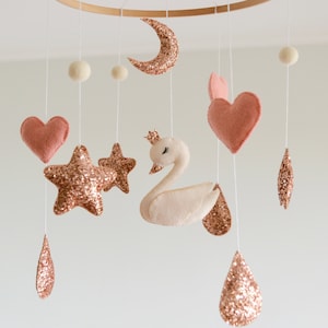 Swan nursery crib mobile Moon and stars Girls nursery decor Glitter Moon nursery decor Baby shower gift Swan mobile Pink Hanging mobile