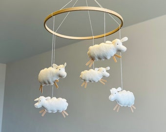 Handmade Sheep Nursery Mobile: Wool Lambs, Neutral Decor