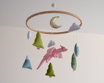 Dragon nursery Baby mobile Baby shower gift Girls pink room mobile Pink dragon Felt dragon Fantasy nursery Woodland nursery Forest nursery