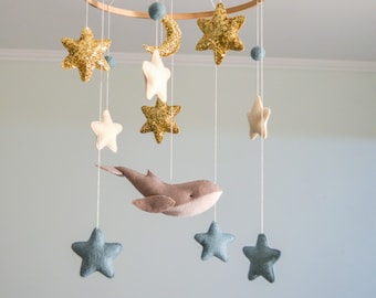 Boy room Coastal Ocean nursery mobile Whale Gold blue ivory stars moon Sea nursery decoration Hanging mobile nautical decor Baby shower gift
