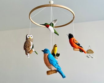 Felt mobile with American birds Bluebird Forest nursery decor Nursery baby mobile Owl Blue Jay felt bird Woodland Neutral baby shower gift
