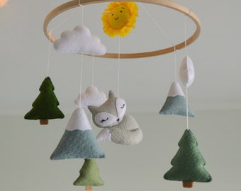 Fox nursery mobile Woodland mobile Mountains nursery Felt mobile Grey fox mobile Forest Mountain Hanging nursery mobile Baby shower gift
