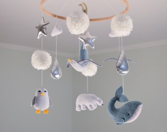 Whale baby mobile Sea baby mobile Ocean nursery mobile Felt baby mobiles Stars and moon Arctic nursery decor Penguin nursery Nautical mobile