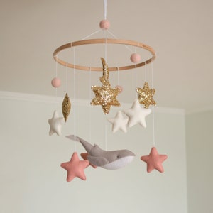Whale nursery mobile Moon Stars Girls nursery decor Girls decor Baby shower gift Hanging mobile Fantasy Pink Ivory Gold Sky Ocean Sea