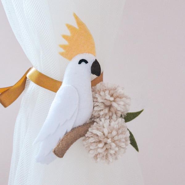 Curtain tie back Australian animals nursery decor Cockatoo decor for baby room Tropical nursery Neutral room decor Parrot curtain tie back