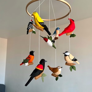 North American  birds mobile for baby nursery American birds decor for baby room Mobile felt bird Forest nursery mobile Woodland felt mobile