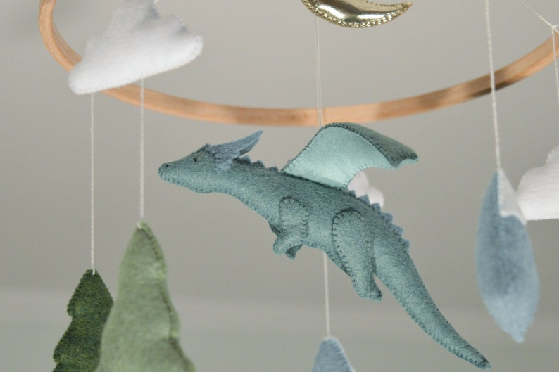 Dragon mobile for baby nursery Fantasy nursery Felt dragon Gender neutral baby mobile Baby crib mobile Fairy tale nursery Baby boy mobile image 8