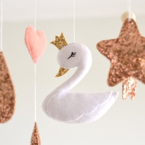 Nursery mobile white swan moon stars Room decor Hanging mobile Baby shower gift Pink hearts Glitter Elegant Girls nursery Fairy tale Dreamy