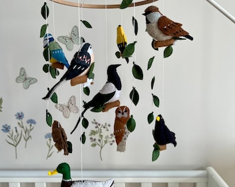 European garden Birds nursery mobile Woodland nursery Birds nursery decor Mobile felt birds Forest mobile Woodland mobile Baby shower gift
