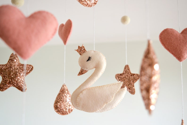 Swan baby mobile Swan nursery crib mobile Moon and stars Girls nursery decor Glitter Girls mobile Moon nursery decor Baby shower Swan mobile image 4