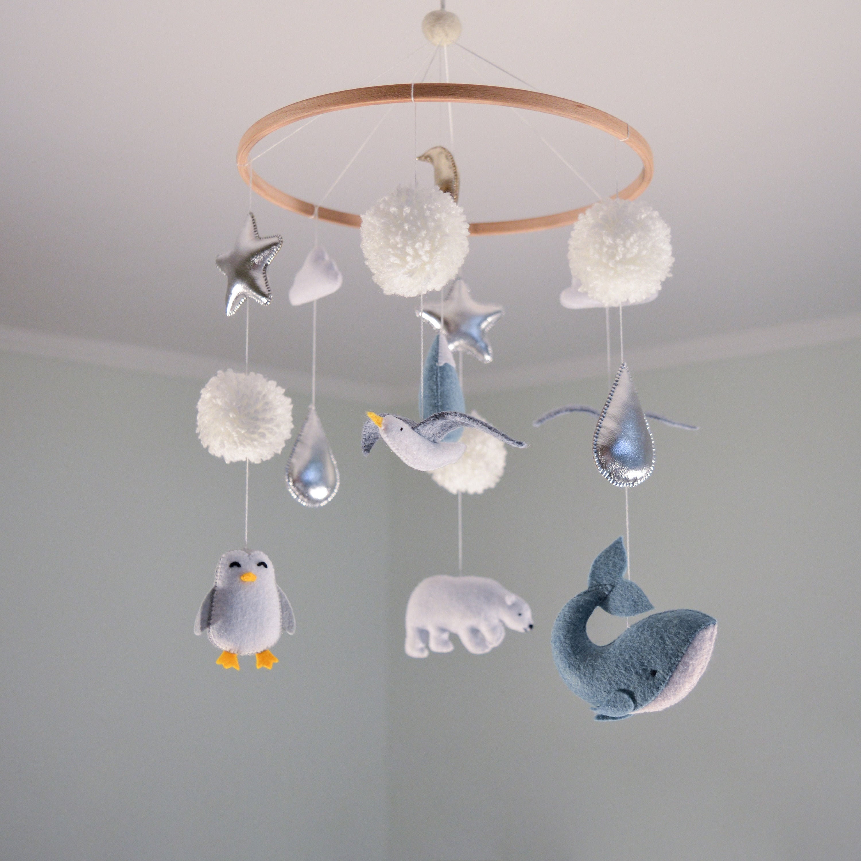 Whale nusery mobile Sea mobile Ocean mobile Felt Stars Moon Arctic nursery decor Penguin nursery Nautical mobile Hanging Baby shower gift