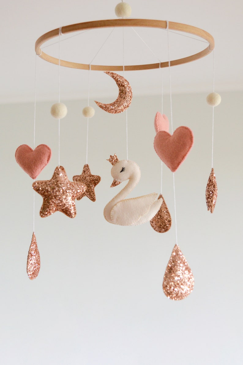 Swan baby mobile Swan nursery crib mobile Moon and stars Girls nursery decor Glitter Girls mobile Moon nursery decor Baby shower Swan mobile image 1