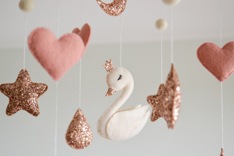 Swan baby mobile Swan nursery crib mobile Moon and stars Girls nursery decor Glitter Girls mobile Moon nursery decor Baby shower Swan mobile image 9