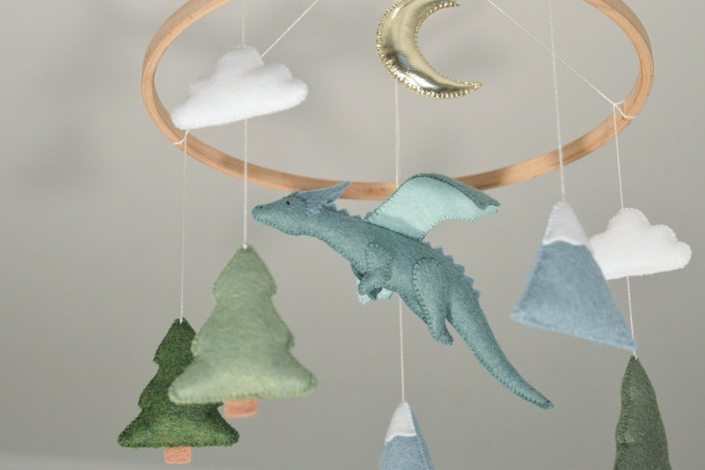 Dragon mobile for baby nursery Fantasy nursery Felt dragon Gender neutral baby mobile Baby crib mobile Fairy tale nursery Baby boy mobile image 9