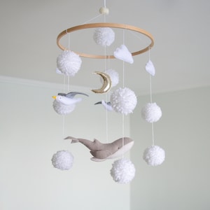 Whale nursery mobile Seagulls mobile Sea ocean Baby shower gift Hanging mobile Nautical mobile Seaside Coast Pom poms mobile Fluffy Magic