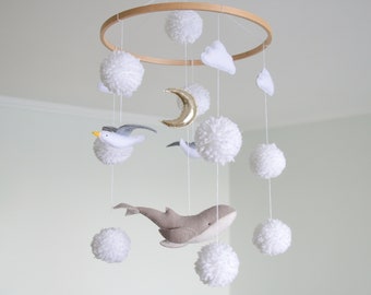 Whale nursery mobile Seagulls mobile Sea ocean Baby shower gift Hanging mobile Nautical mobile Seaside Coast Pom poms mobile Fluffy Magic