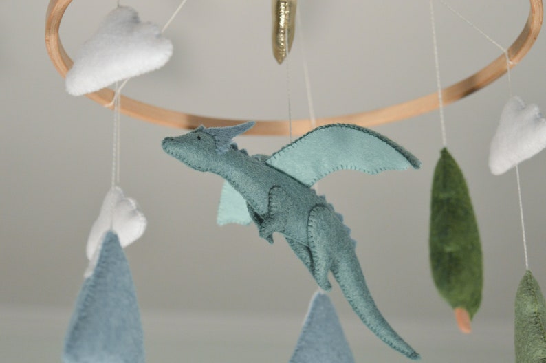 Dragon mobile for baby nursery Fantasy nursery Felt dragon Gender neutral baby mobile Baby crib mobile Fairy tale nursery Baby boy mobile image 7