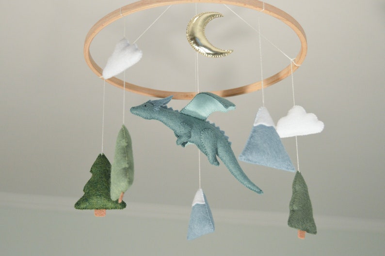 Dragon mobile for baby nursery Fantasy nursery Felt dragon Gender neutral baby mobile Baby crib mobile Fairy tale nursery Baby boy mobile image 1