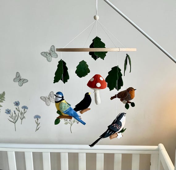 Felt Bird Nursery Mobile: Amanita Mushroom Forest Decor