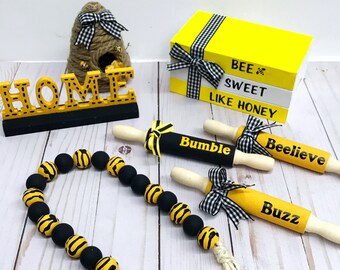 Bee Themed Tiered Tray Bundle | Farmhouse Rustic Home Decor | Bumble Bee | Bee Happy | Wood | Bee Hive | Beads | Books | Rolling Pins |