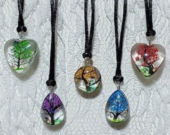 Flowering Tree Necklace | Resin Pendant | Spring Jewelry | Heart | Teardrop | Circle | Oval | Multicolored |