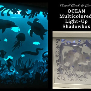 Lighted Shadowbox | Nightlight | Light Box | Shadow Box | Layered Paper Art | Ocean | Water | Diving | Diver | Dolphin | Turtle | Jellyfish