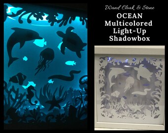 Lighted Shadowbox | Nightlight | Light Box | Shadow Box | Layered Paper Art | Ocean | Water | Diving | Diver | Dolphin | Turtle | Jellyfish